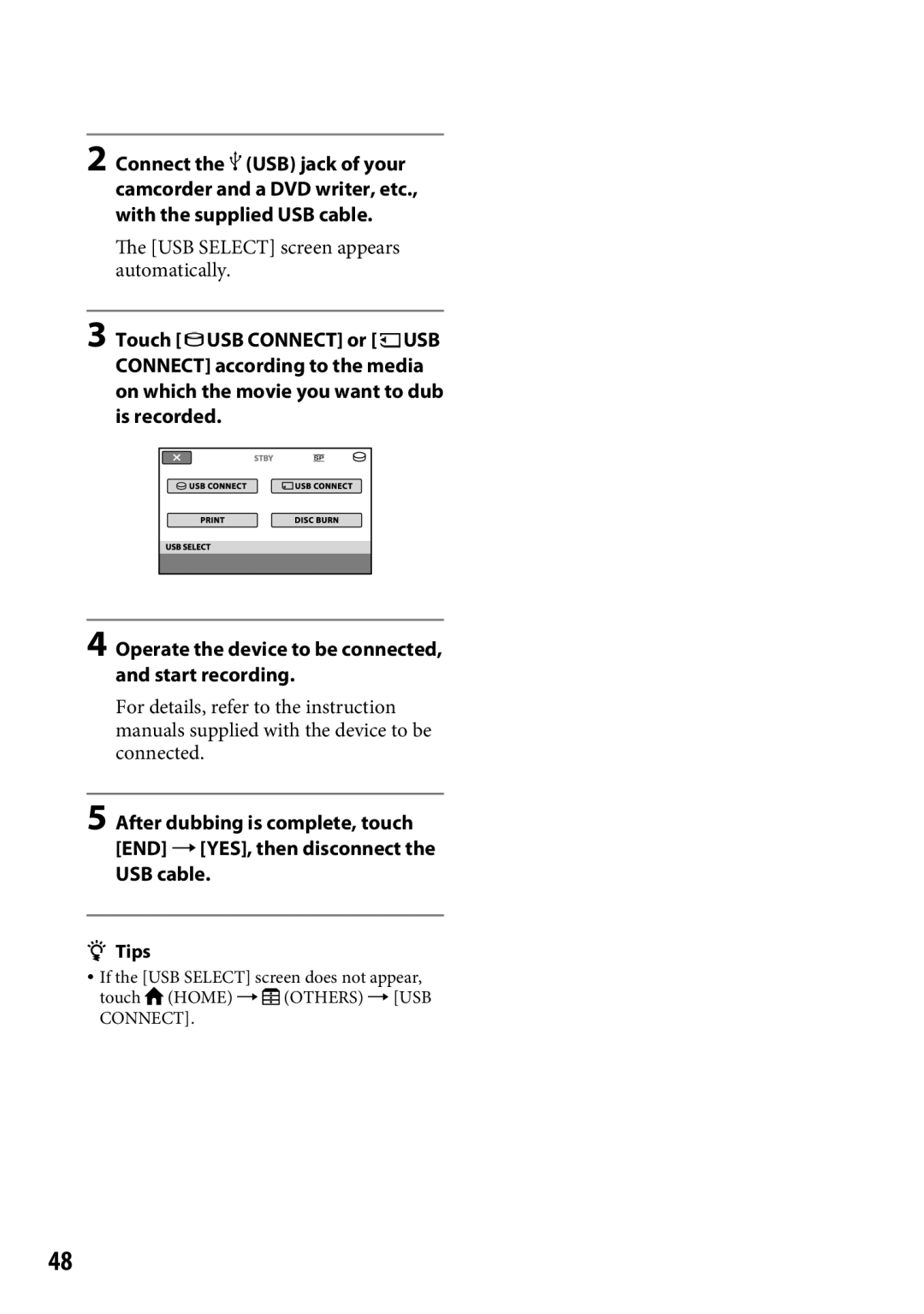 Sony DCR-SR65 manual USB Select screen appears automatically, USB cable 