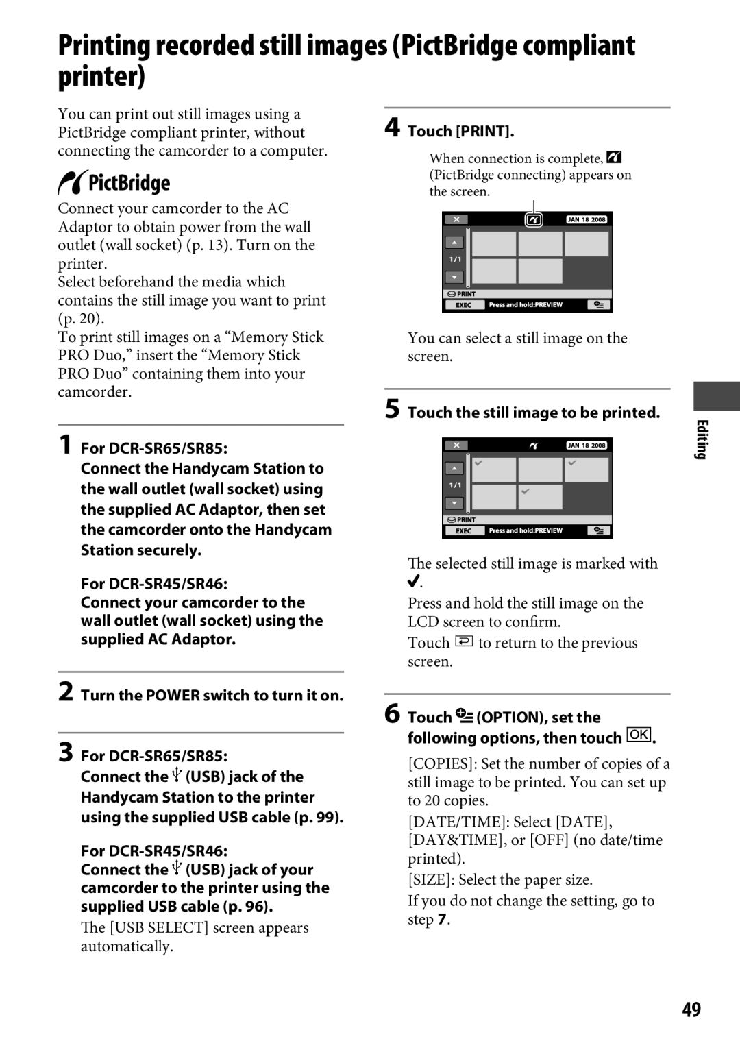 Sony DCR-SR65 manual Printing recorded still images PictBridge compliant printer, Touch Print 