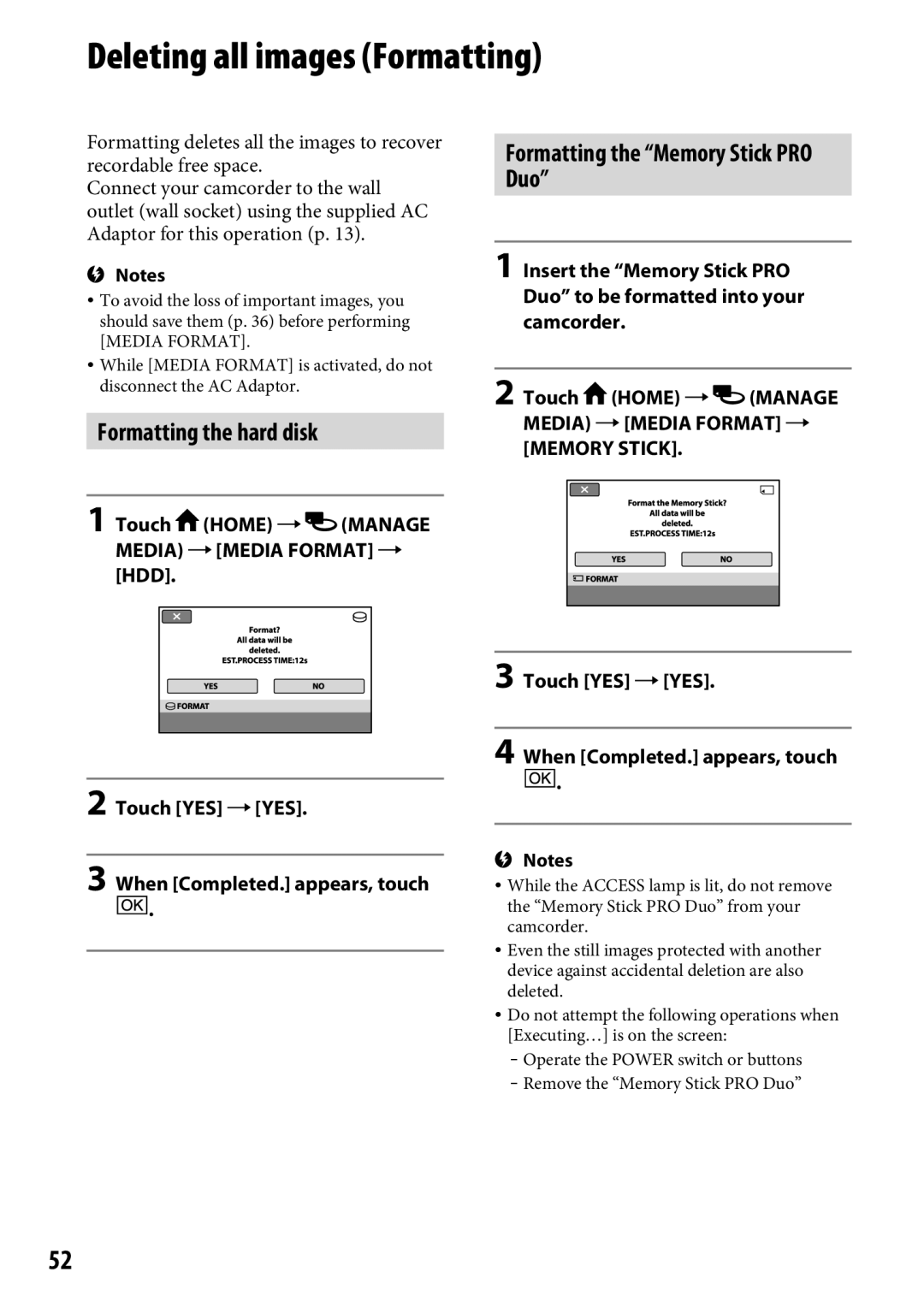 Sony DCR-SR65 manual Deleting all images Formatting, Formatting the hard disk, Formatting the Memory Stick PRO Duo 