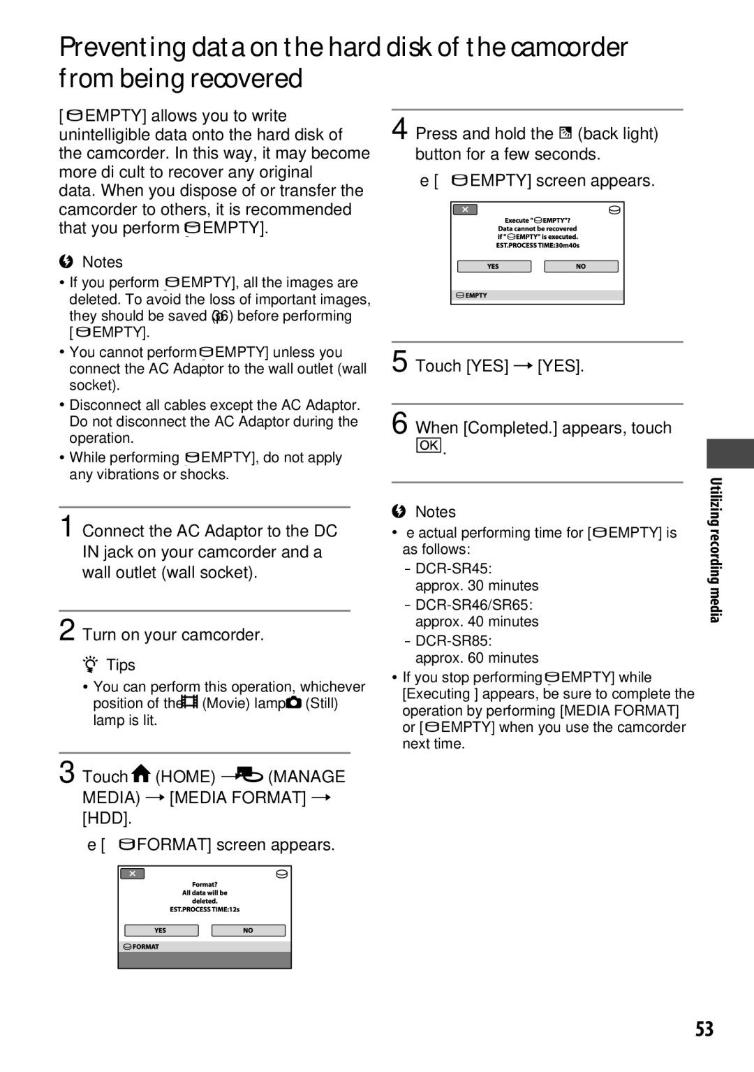 Sony DCR-SR65 manual Empty screen appears, Turn on your camcorder, Hdd, Format screen appears 