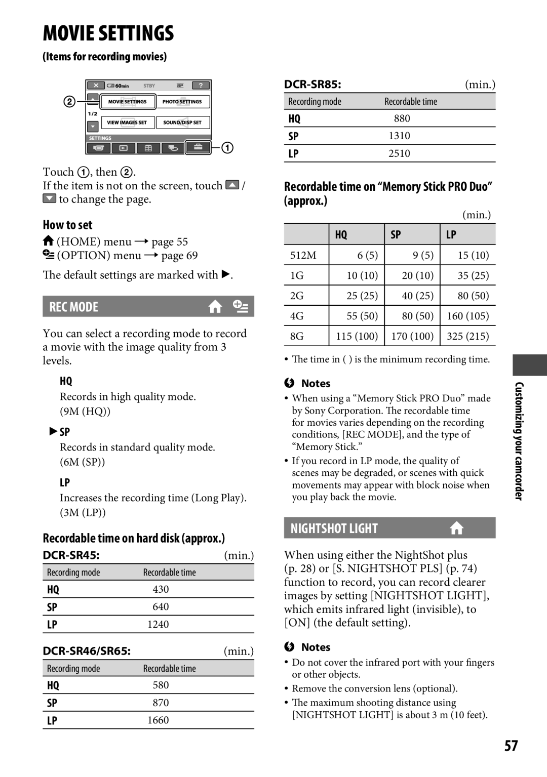 Sony DCR-SR65 manual REC Mode, Nightshot Light, How to set, Recordable time on Memory Stick PRO Duo approx 