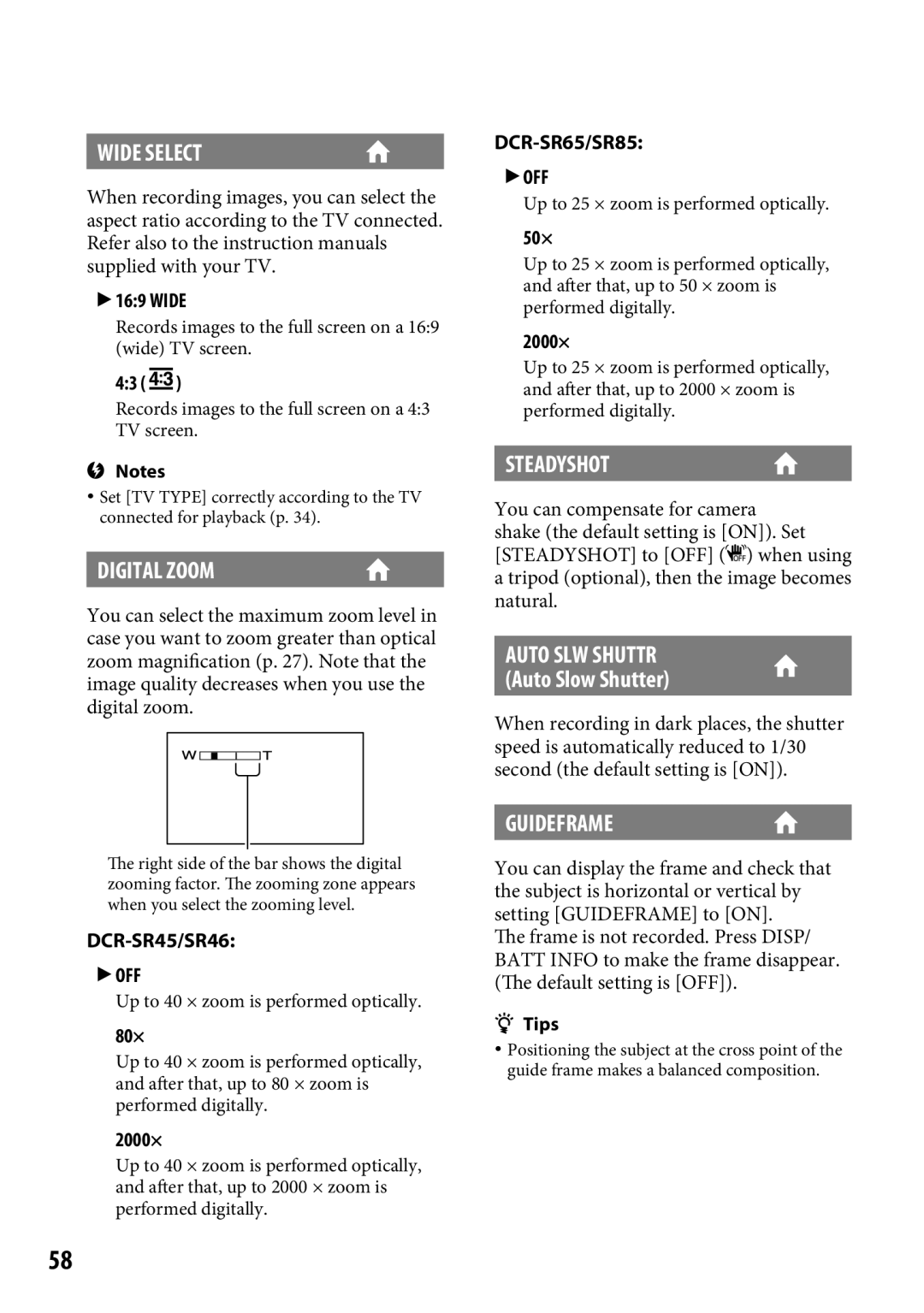 Sony DCR-SR65 manual Wide Select, Digital Zoom, Steadyshot, Guideframe,  Off 