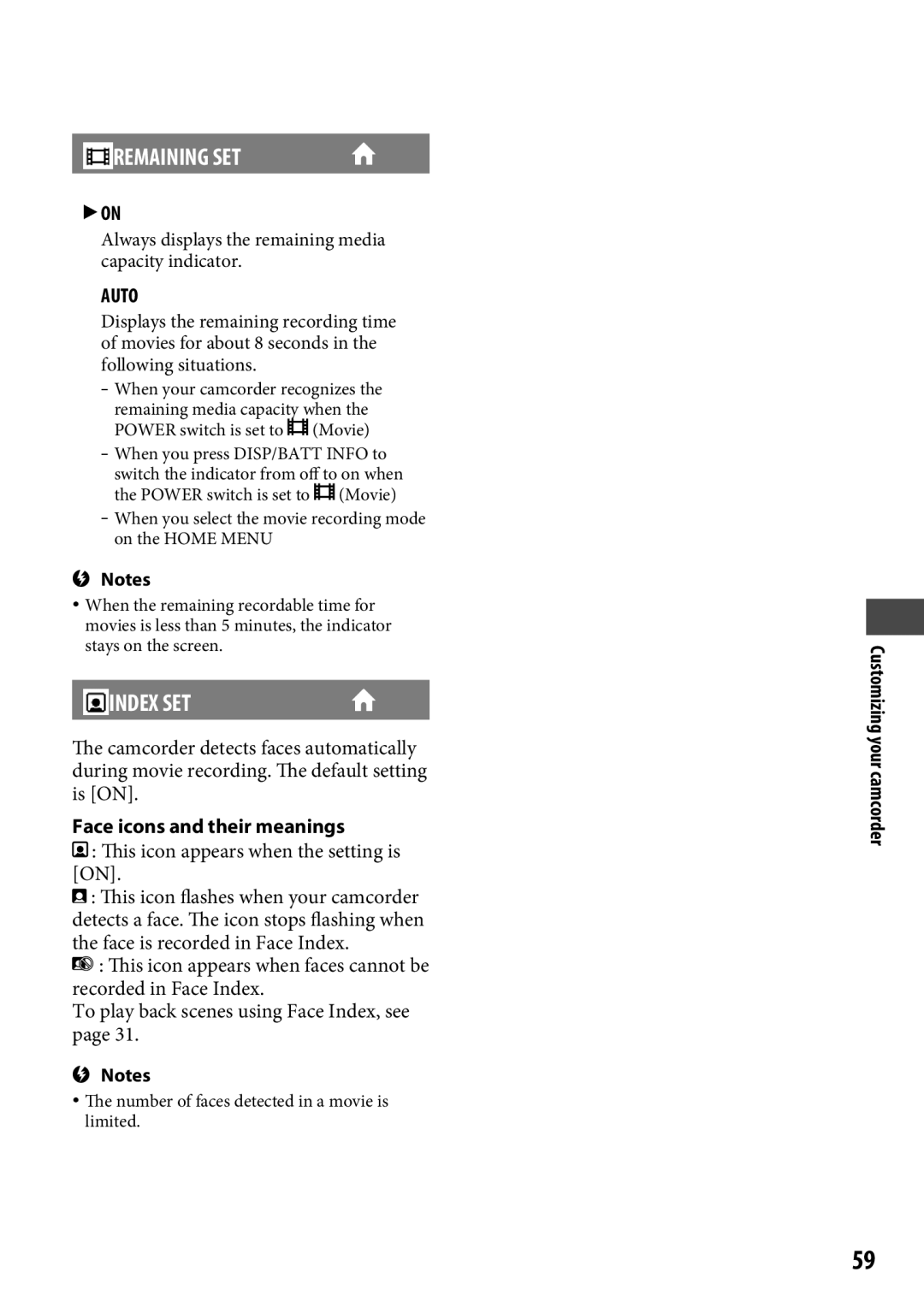 Sony DCR-SR65 manual Remaining SET, Index SET,  on, Auto, Face icons and their meanings 