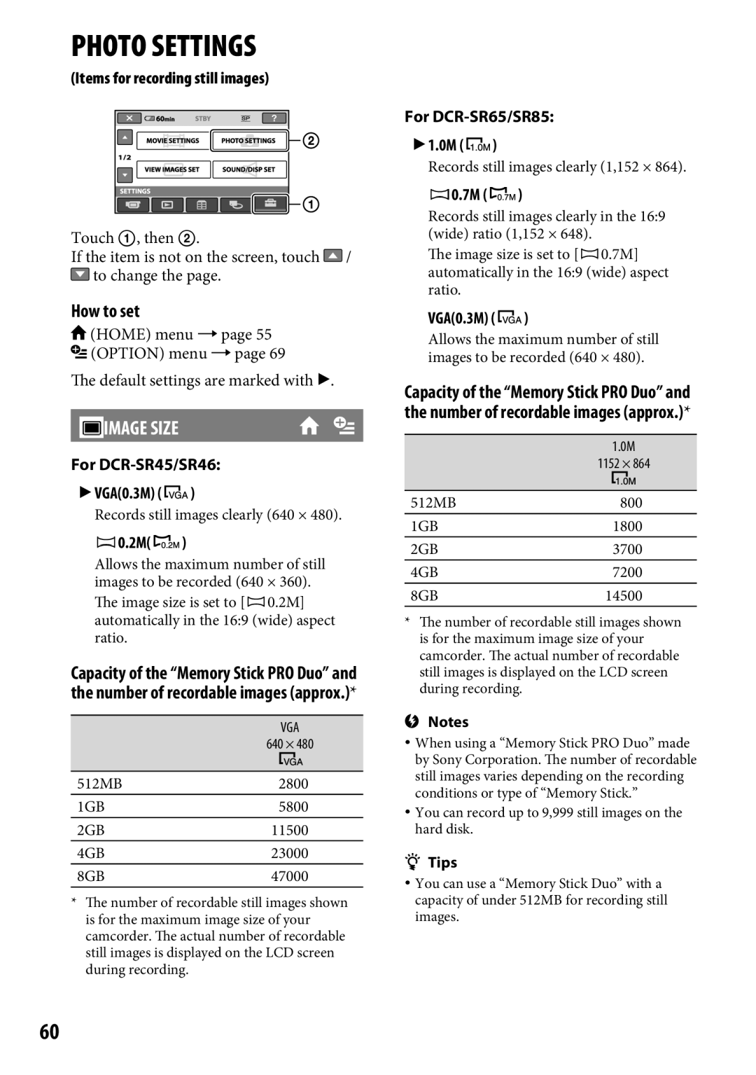 Sony manual Image Size, Items for recording still images, For DCR-SR45/SR46  VGA0.3M, For DCR-SR65/SR85  1.0M 