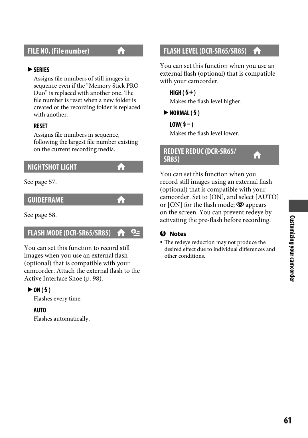 Sony manual File NO. File number, Flash Mode DCR-SR65/SR85, Flash Level DCR-SR65/SR85, Redeye Reduc DCR-SR65 