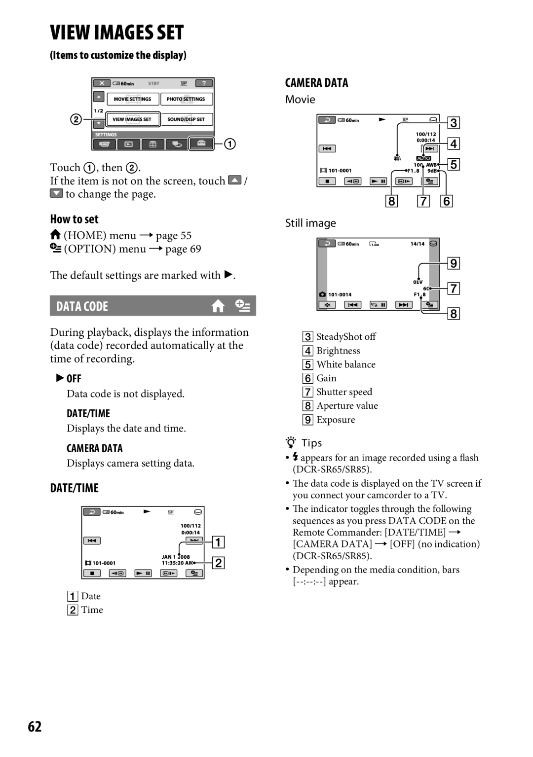 Sony DCR-SR65 manual Data Code, Items to customize the display, Date/Time, Camera Data 