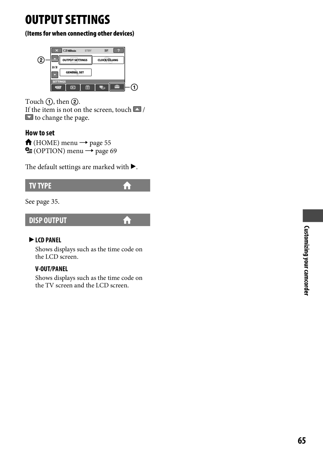 Sony DCR-SR65 manual TV Type, Disp Output, Items for when connecting other devices,  LCD Panel, Out/Panel 