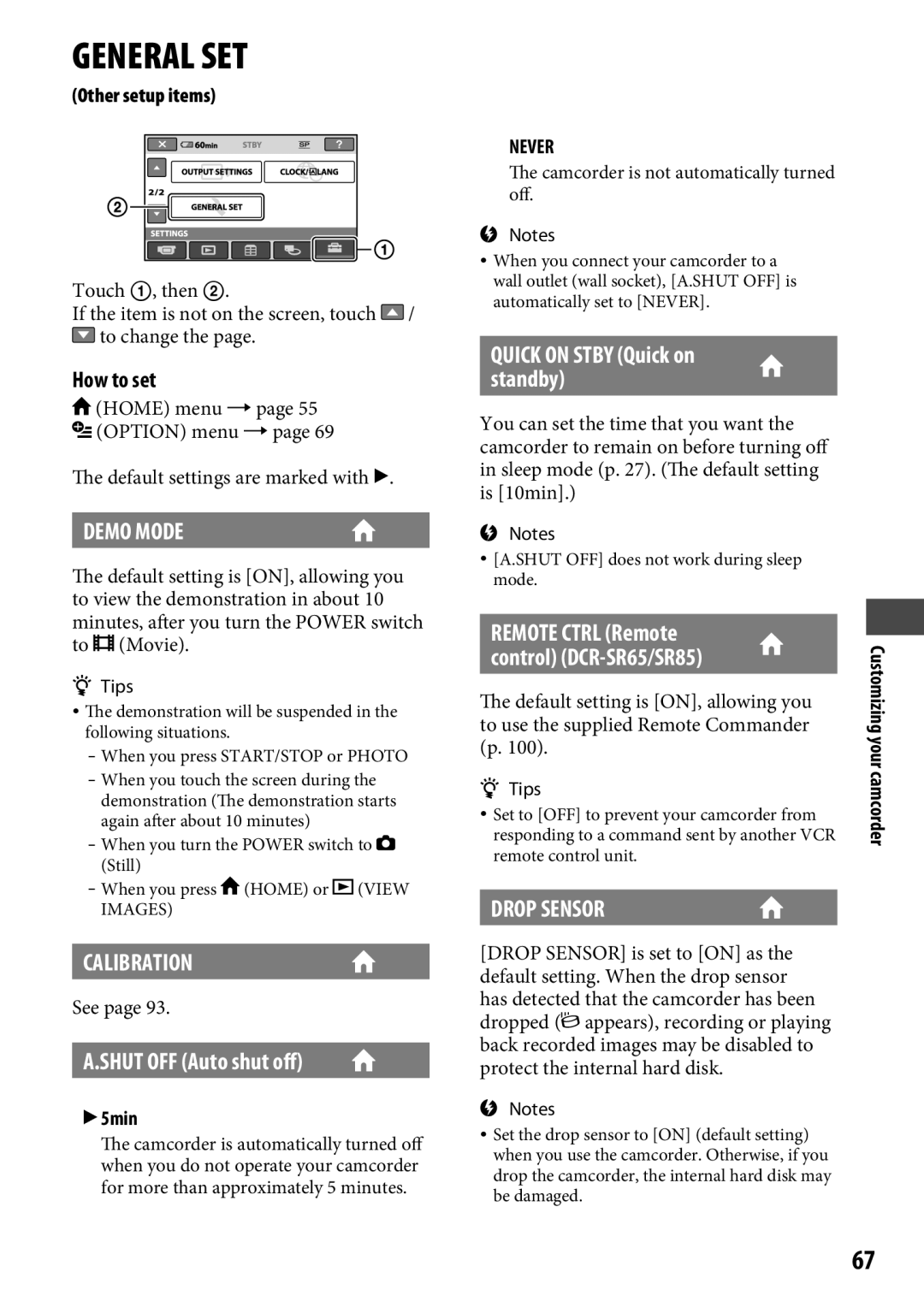 Sony DCR-SR65 manual Demo Mode, Calibration, Shut OFF Auto shut off, Drop Sensor, Never 