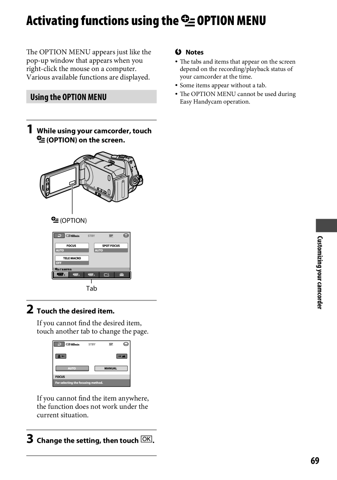 Sony DCR-SR65 manual Change the setting, then touch Customizing your camcorder 