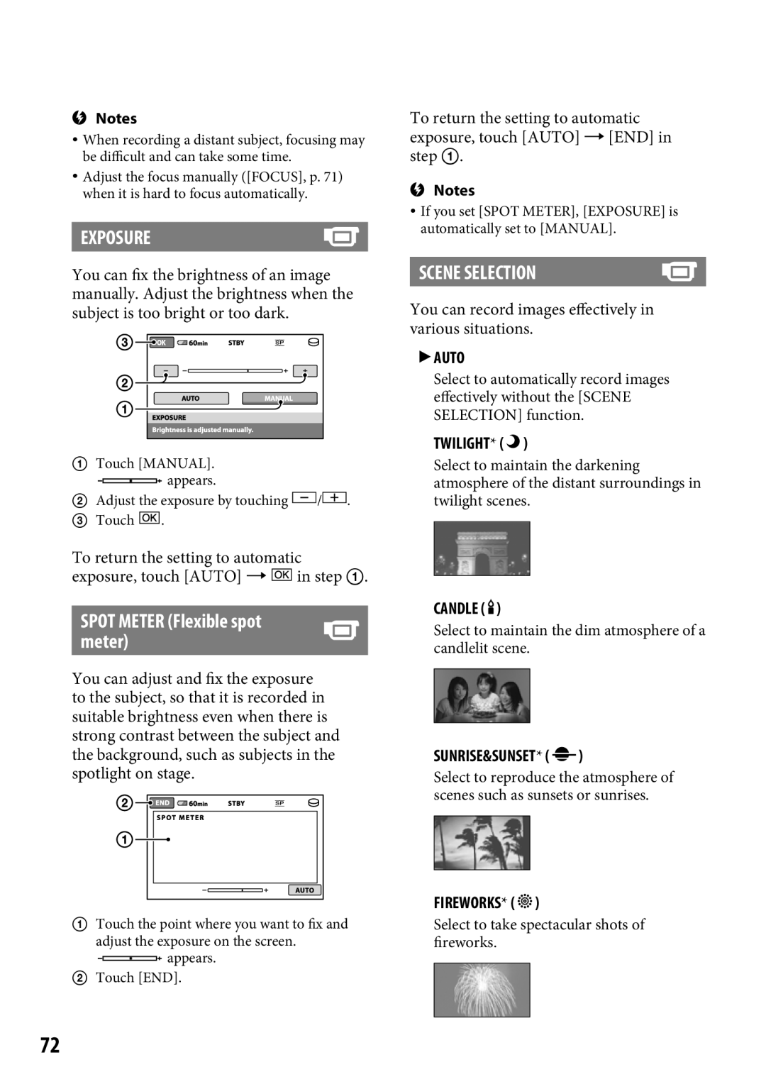 Sony DCR-SR65 manual Exposure, Scene Selection 