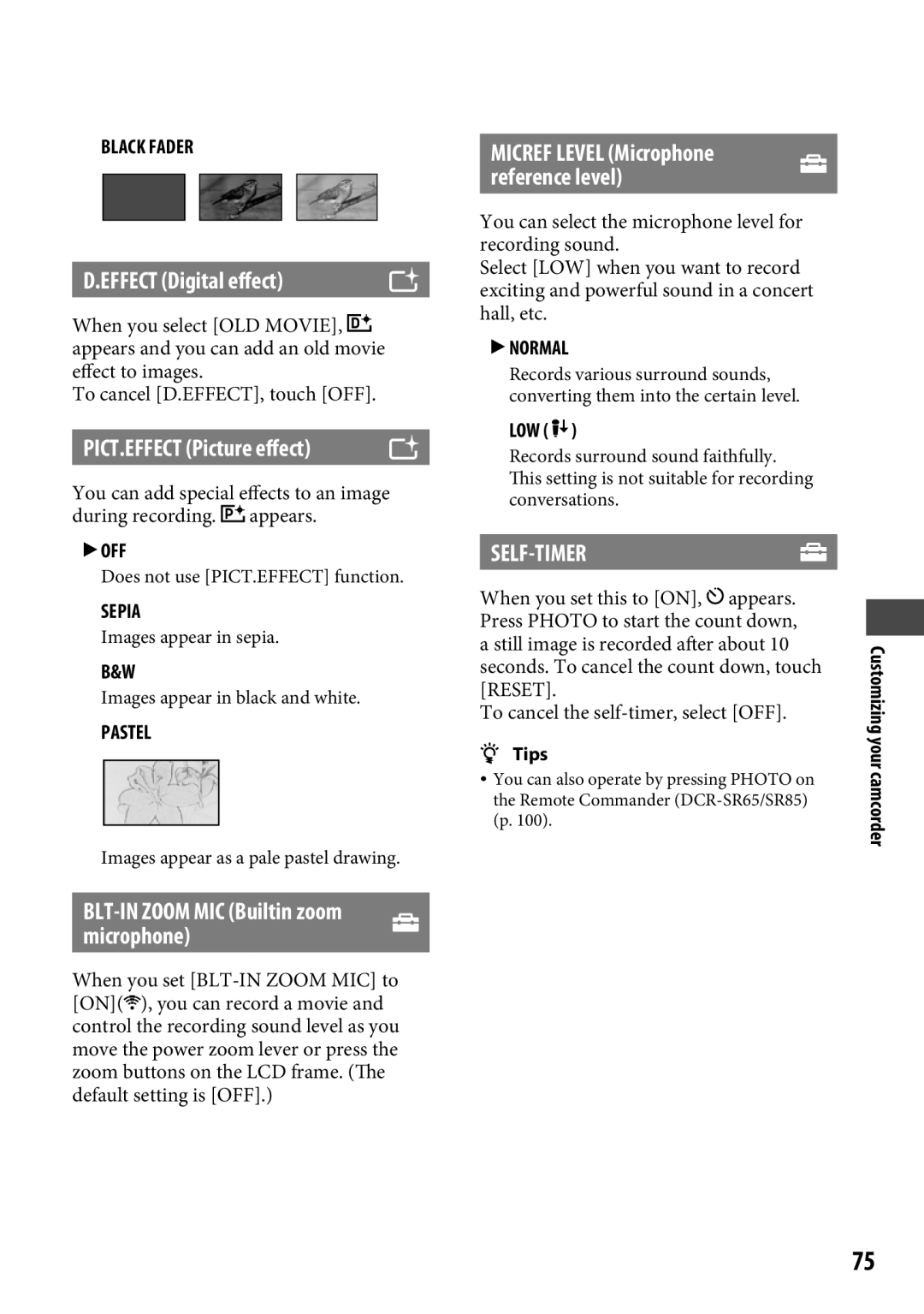 Sony DCR-SR65 manual Effect Digital effect, PICT.EFFECT Picture effect, Self-Timer 