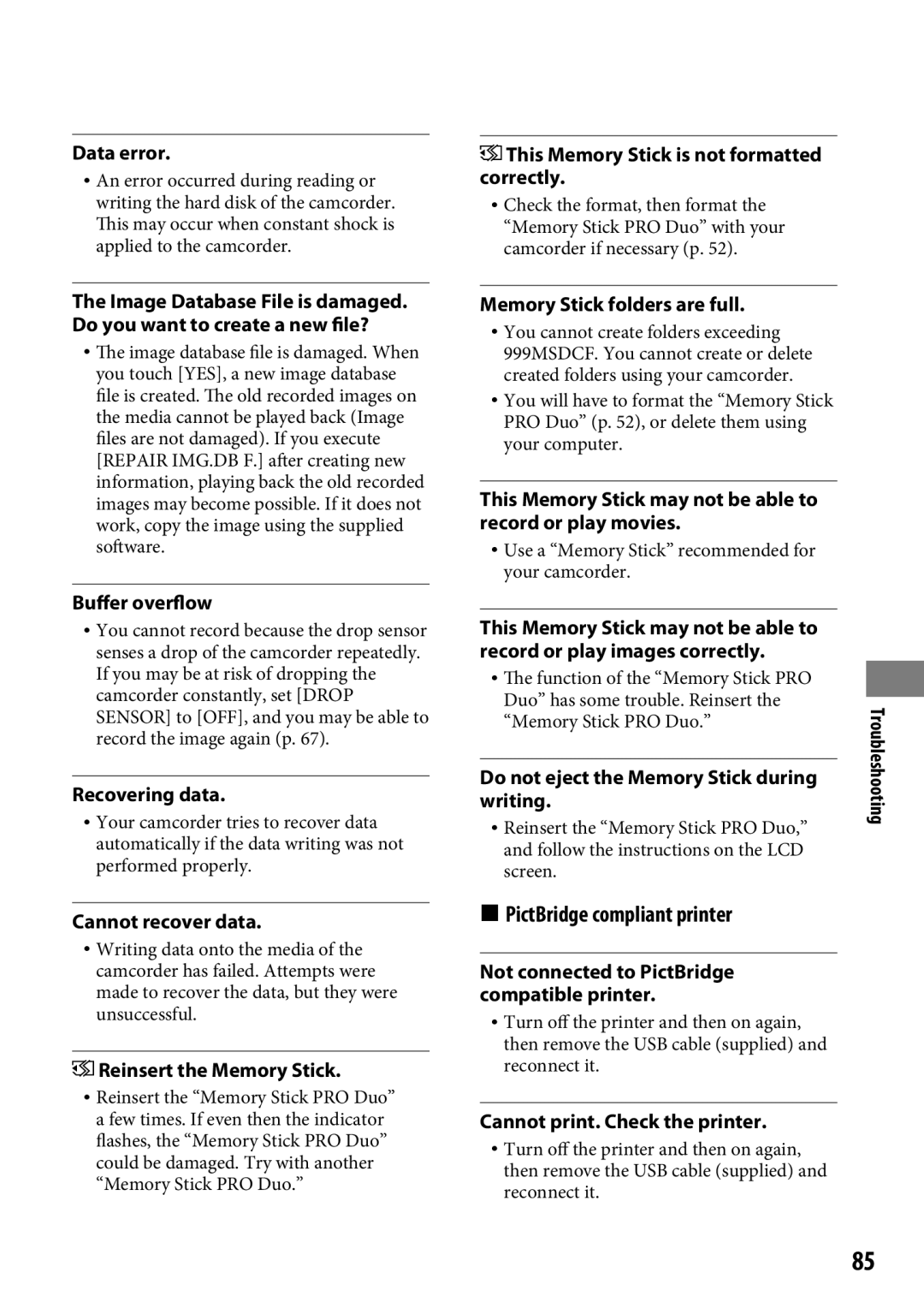 Sony DCR-SR65 manual  PictBridge compliant printer 