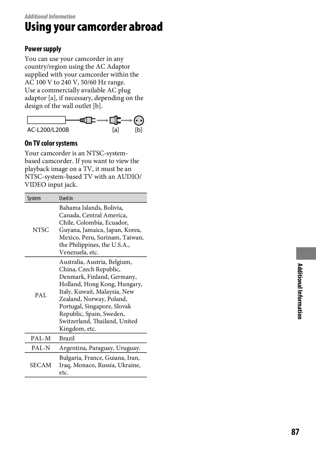 Sony DCR-SR65 manual Using your camcorder abroad, Power supply, On TV color systems, Additional Information 