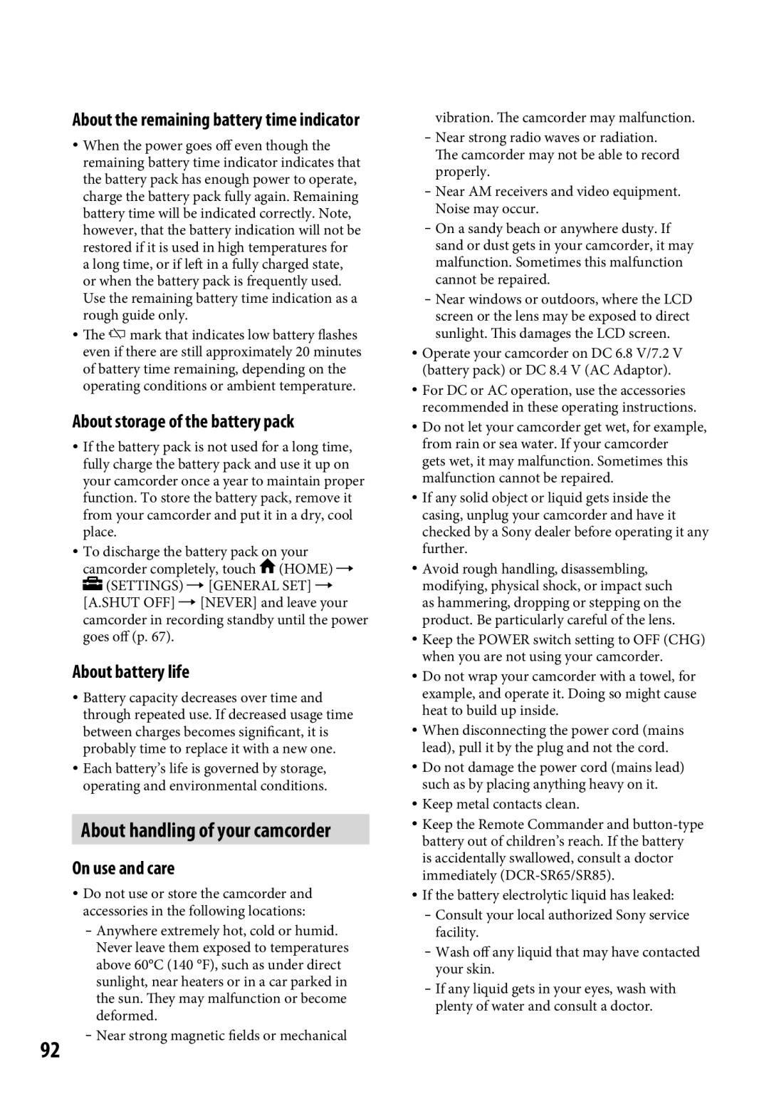 Sony DCR-SR65 About storage of the battery pack, About battery life, About handling of your camcorder On use and care 