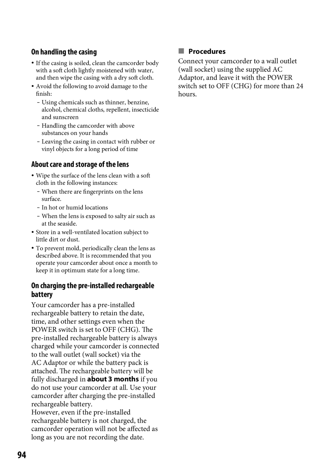 Sony DCR-SR65 manual On handling the casing, About care and storage of the lens,  Procedures 