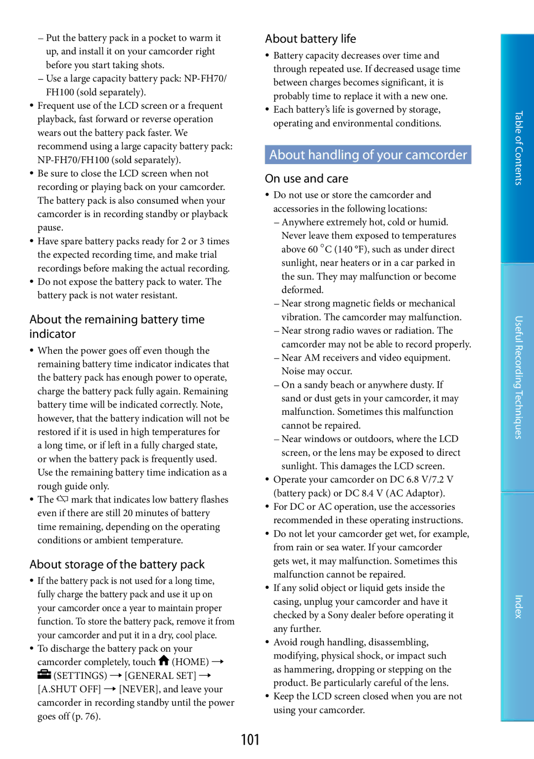 Sony DCR-SR48, DCR-SR67 manual 101, About handling of your camcorder 