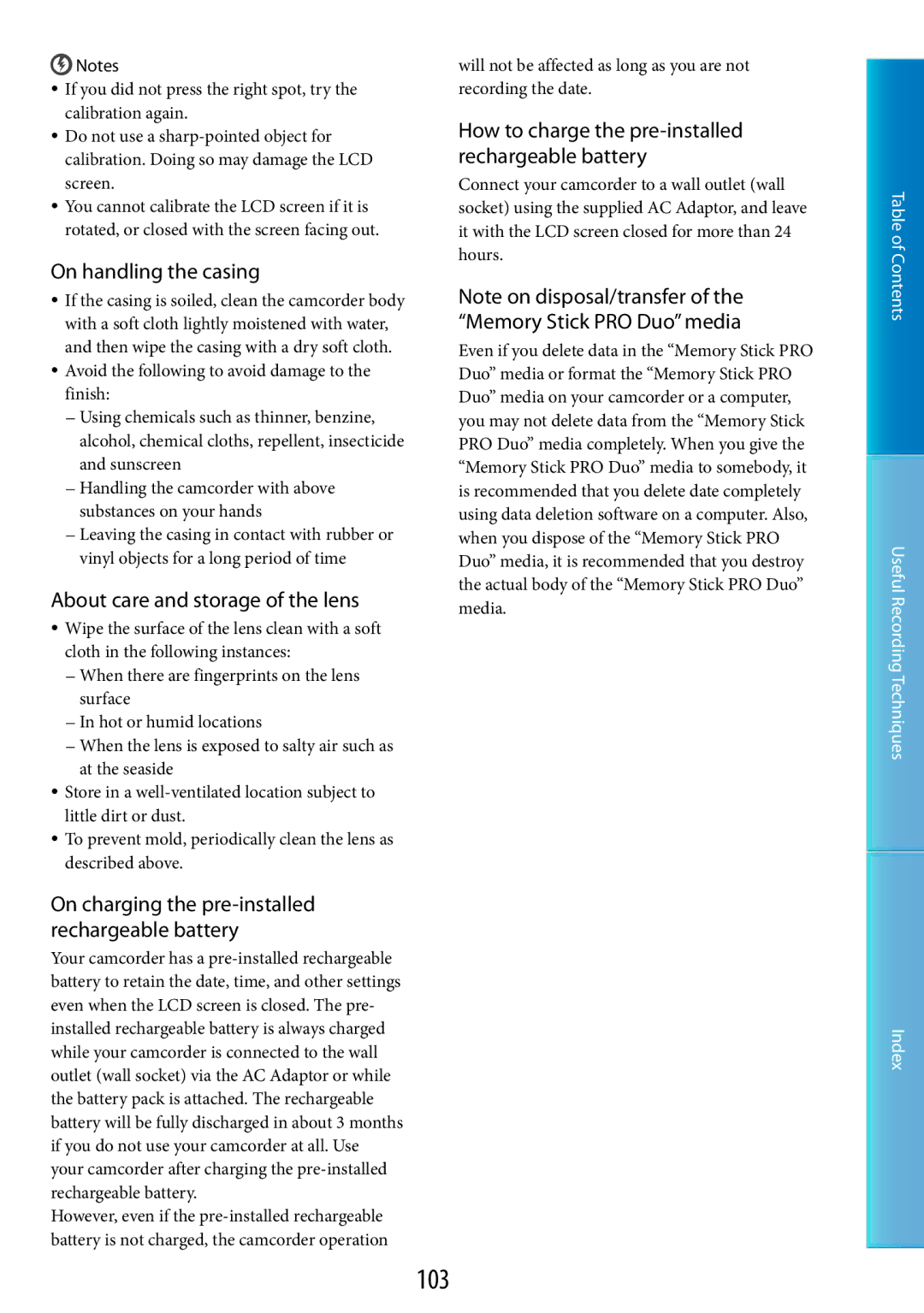 Sony DCR-SR48, DCR-SR67 manual 103, On handling the casing, About care and storage of the lens 