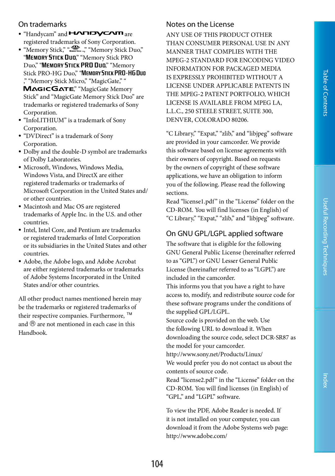 Sony DCR-SR67, DCR-SR48 manual 104, On trademarks, On GNU GPL/LGPL applied software 