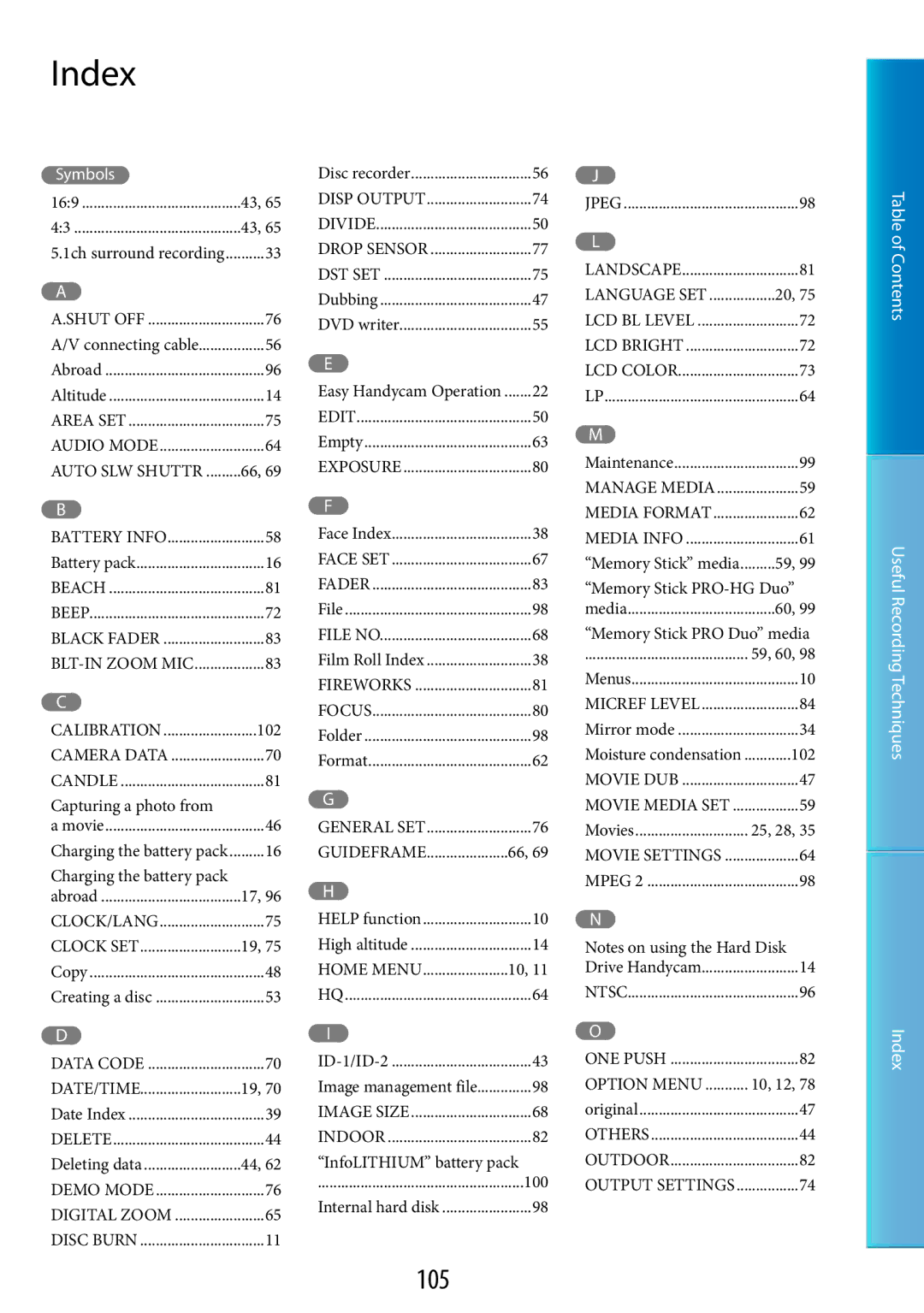 Sony DCR-SR48, DCR-SR67 manual Index, 105 