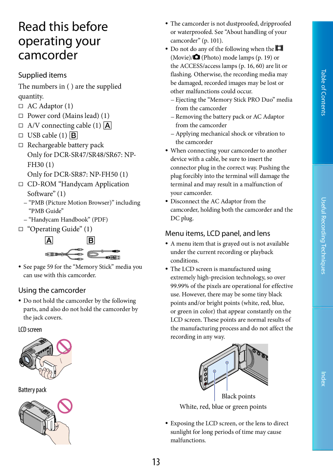 Sony DCR-SR48, DCR-SR67 manual Supplied items,  Operating Guide, Using the camcorder, LCD screen Battery pack 