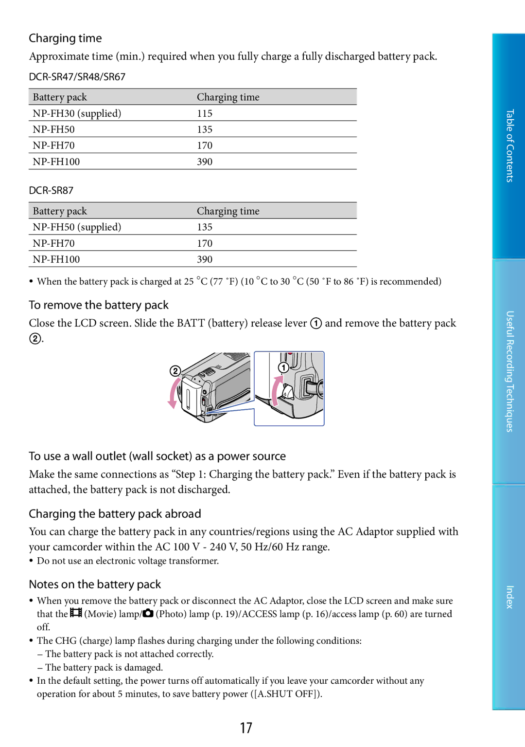 Sony DCR-SR48, DCR-SR67 manual Charging time, To remove the battery pack, To use a wall outlet wall socket as a power source 