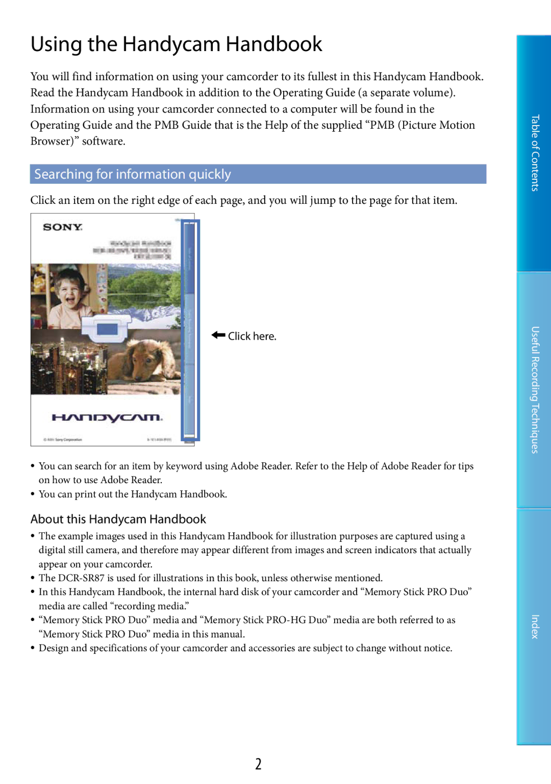 Sony DCR-SR67 Using the Handycam Handbook, Searching for information quickly, About this Handycam Handbook,  Click here 