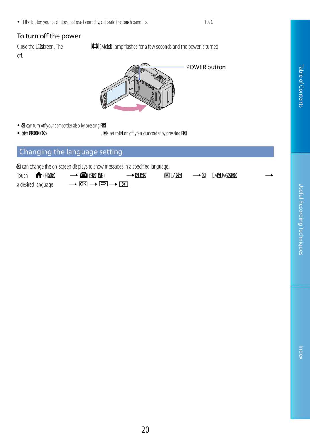 Sony DCR-SR67, DCR-SR48 manual Changing the language setting, To turn off the power 