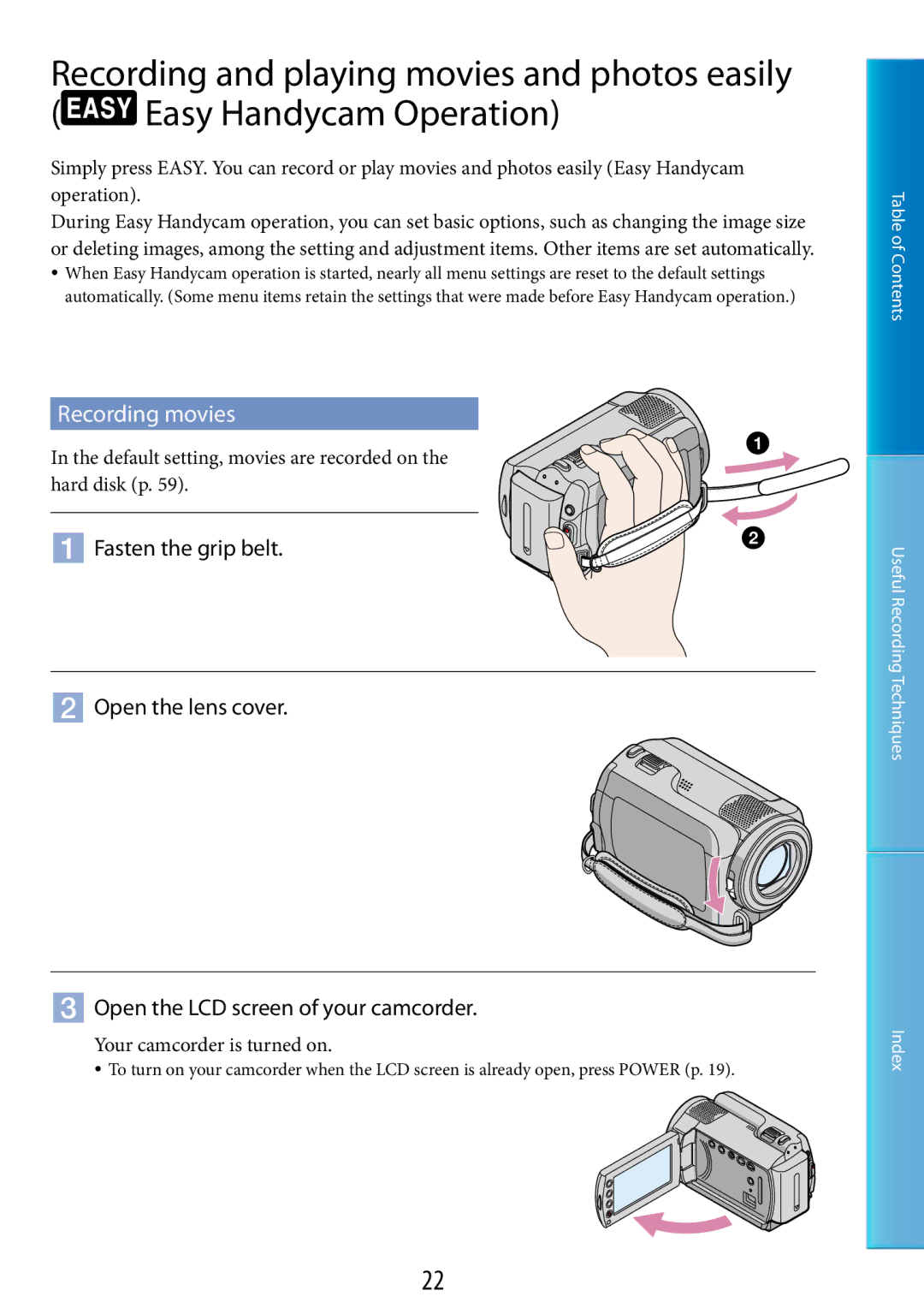 Sony DCR-SR67, DCR-SR48 manual Recording movies, Default setting, movies are recorded on the hard disk p 