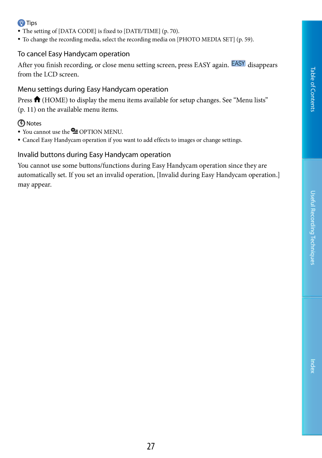 Sony DCR-SR48, DCR-SR67 manual To cancel Easy Handycam operation, Menu settings during Easy Handycam operation 