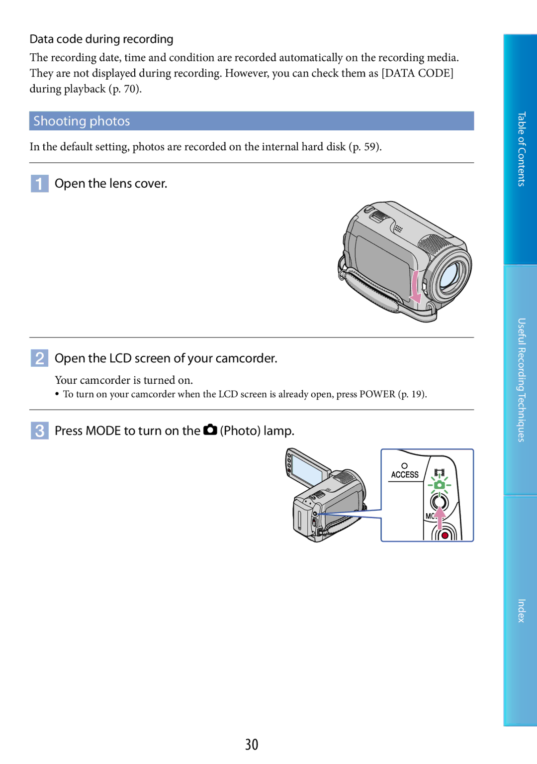 Sony DCR-SR67, DCR-SR48 manual  Press Mode to turn on the Photo lamp, Data code during recording 