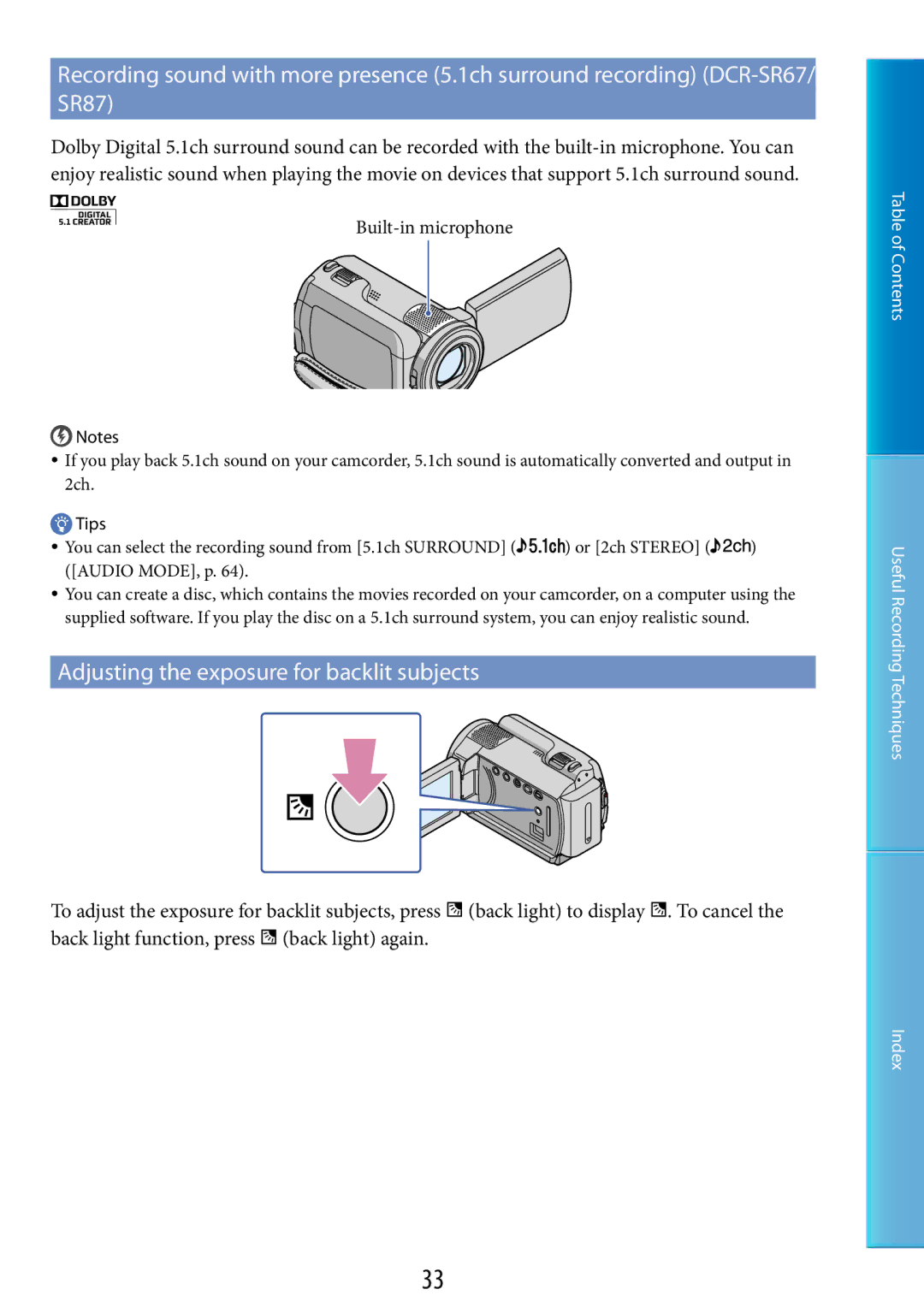 Sony DCR-SR48, DCR-SR67 manual Adjusting the exposure for backlit subjects 