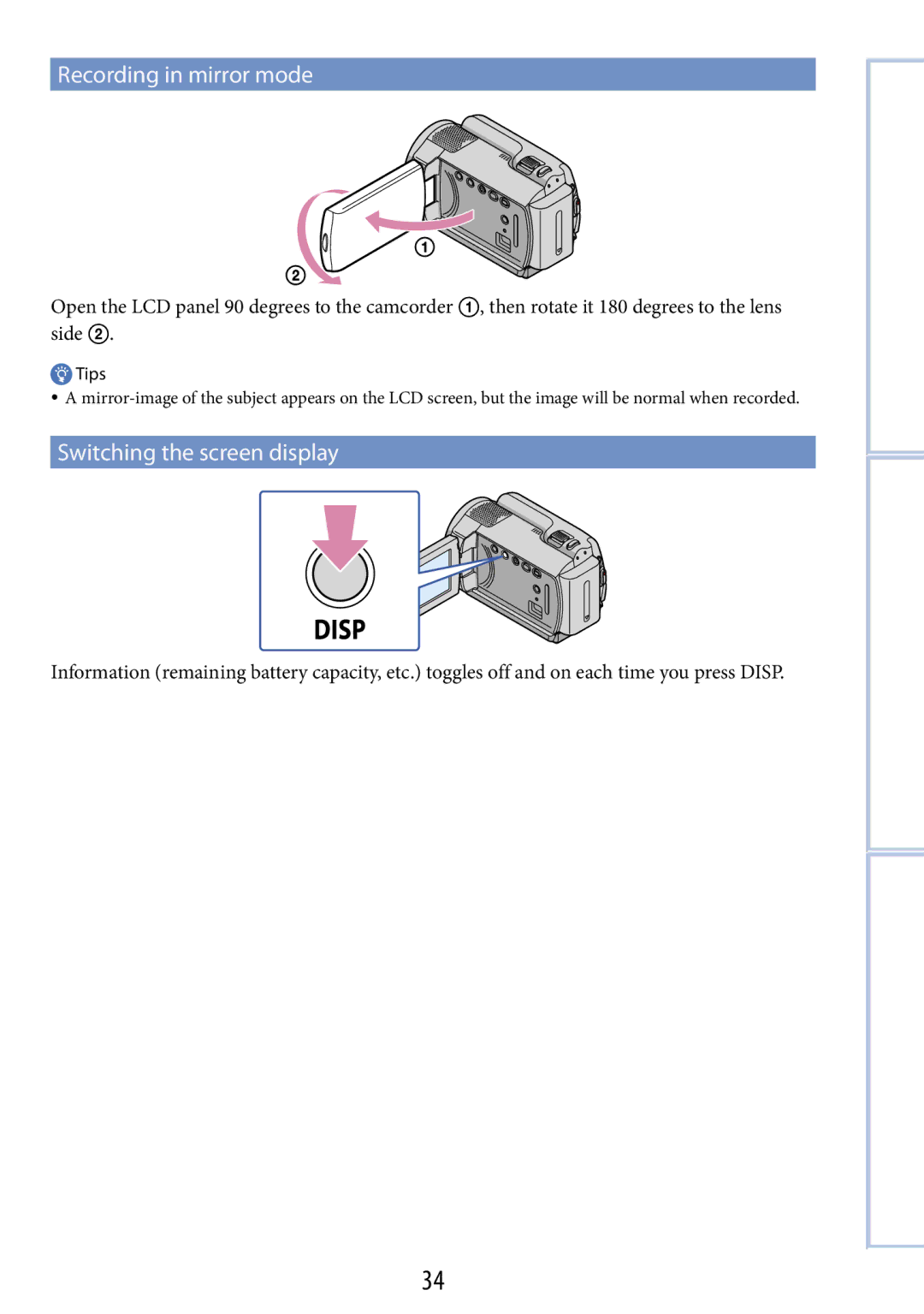 Sony DCR-SR67, DCR-SR48 manual Recording in mirror mode, Switching the screen display 