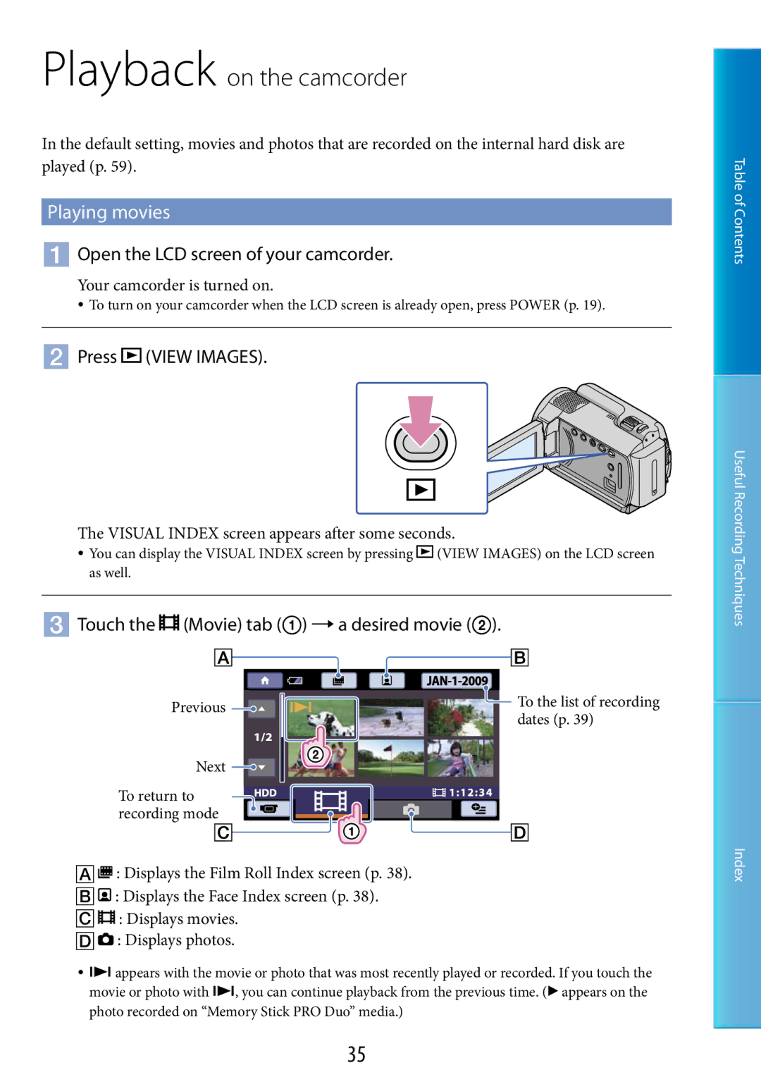 Sony DCR-SR48, DCR-SR67 manual Playback on the camcorder,  Touch the Movie tab  a desired movie  