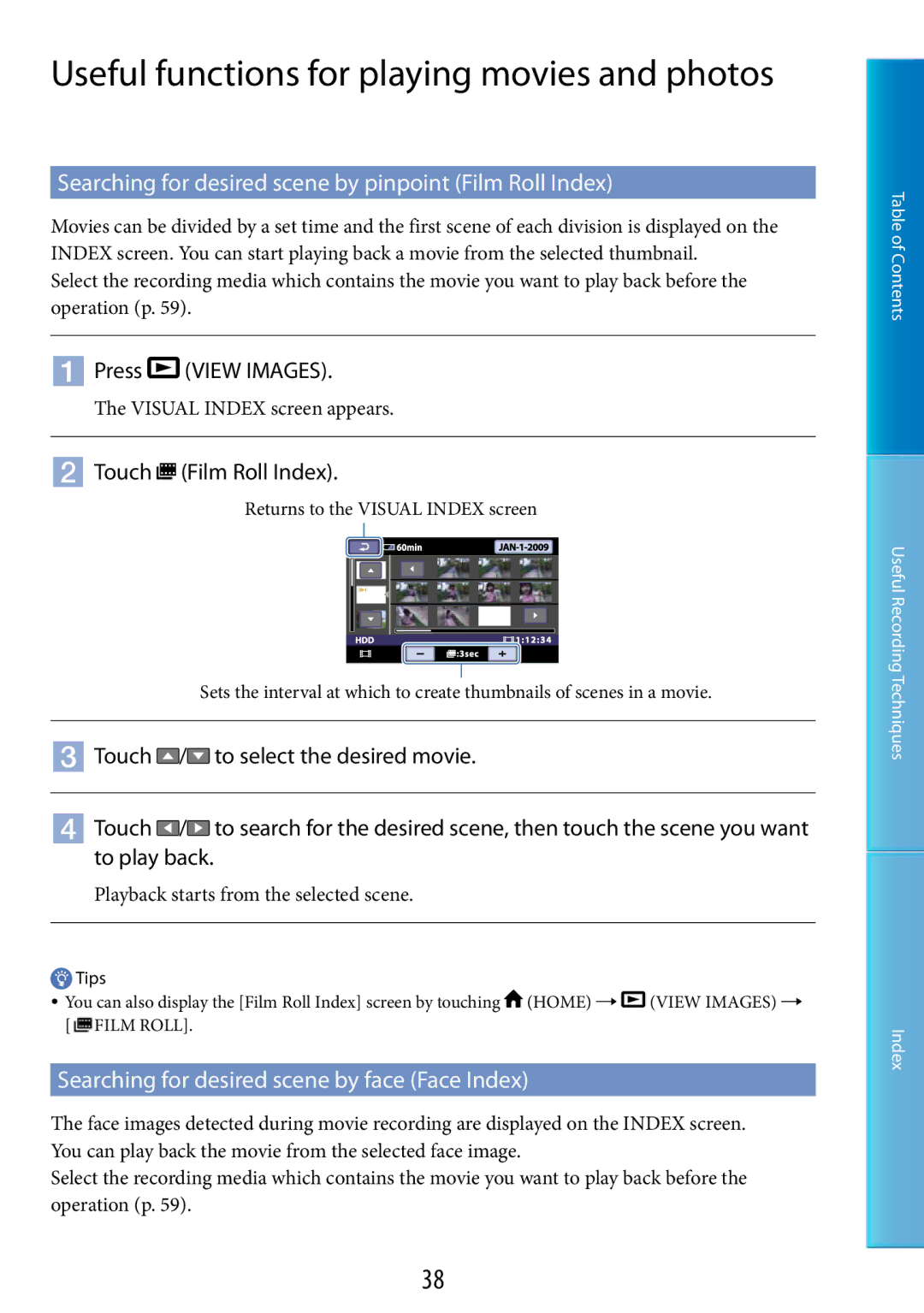 Sony DCR-SR67 Useful functions for playing movies and photos, Searching for desired scene by pinpoint Film Roll Index 