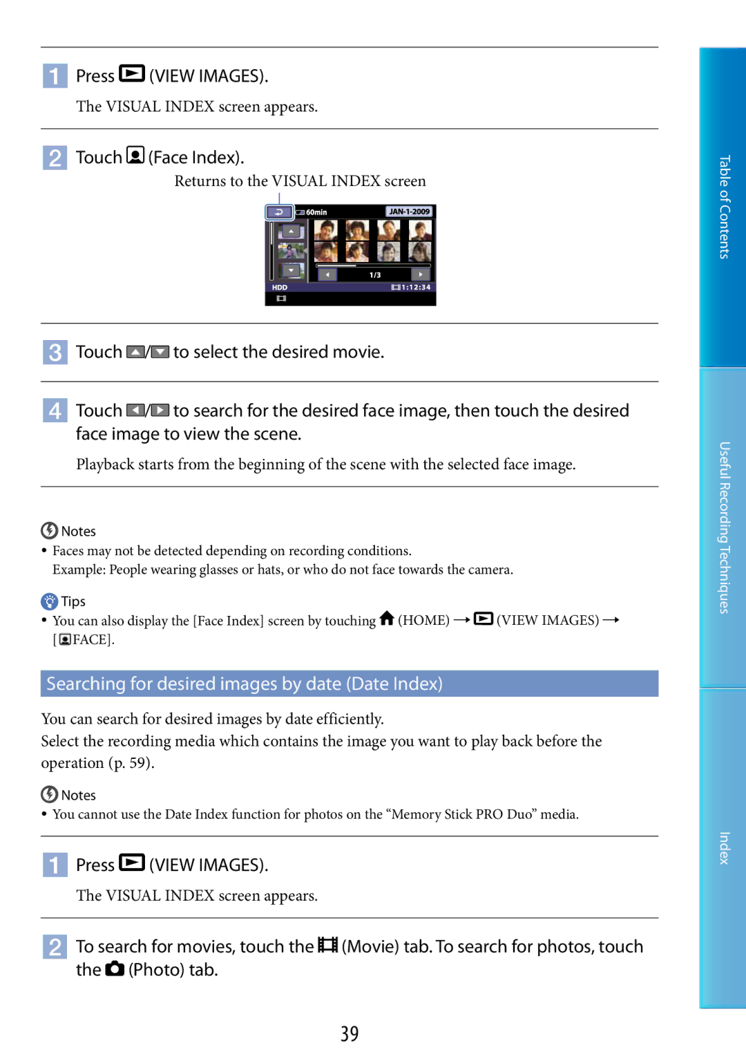 Sony DCR-SR48  Touch Face Index, Searching for desired images by date Date Index, Returns to the Visual Index screen 