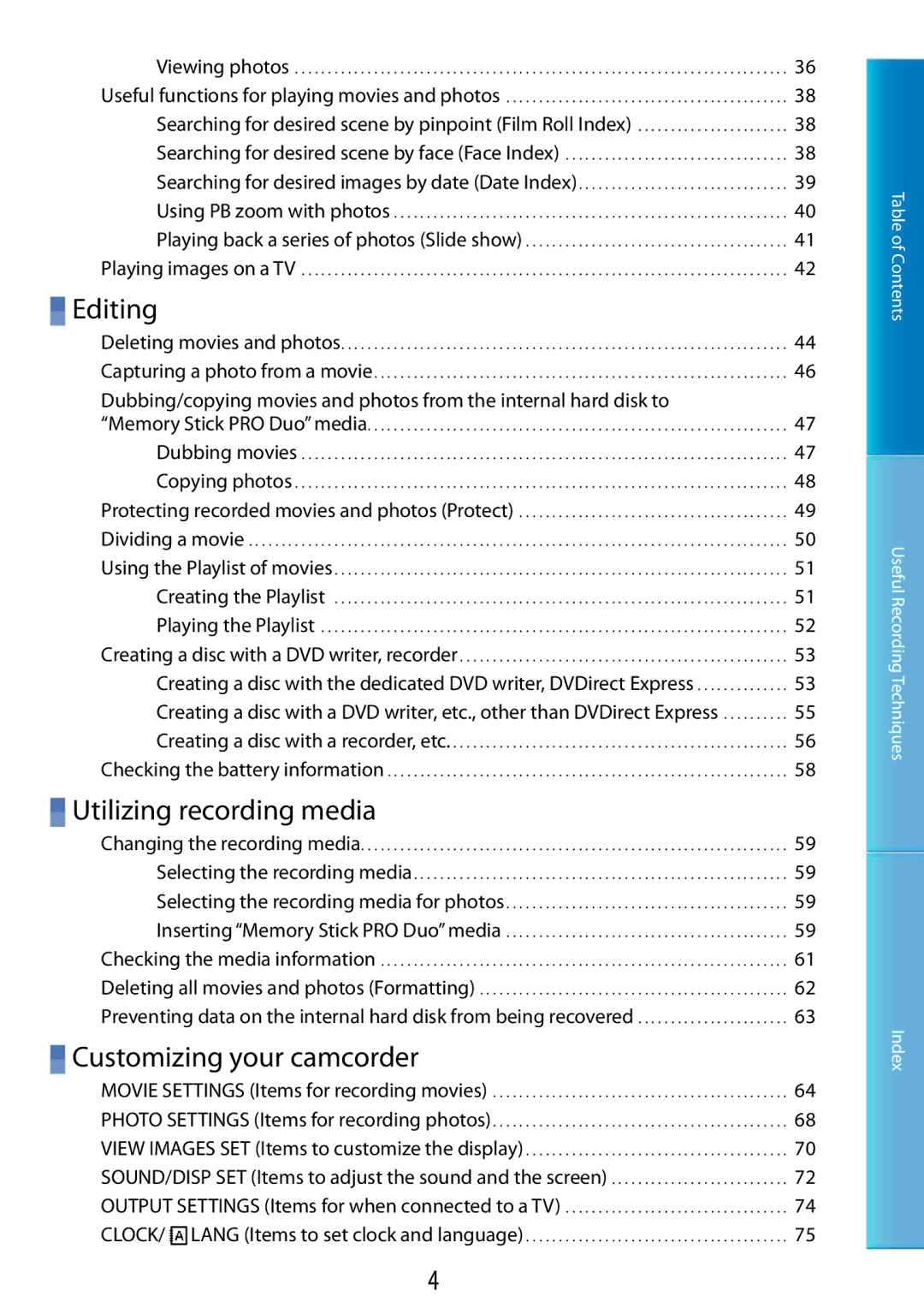 Sony DCR-SR67, DCR-SR48 manual Editing, Utilizing recording media, Customizing your camcorder 