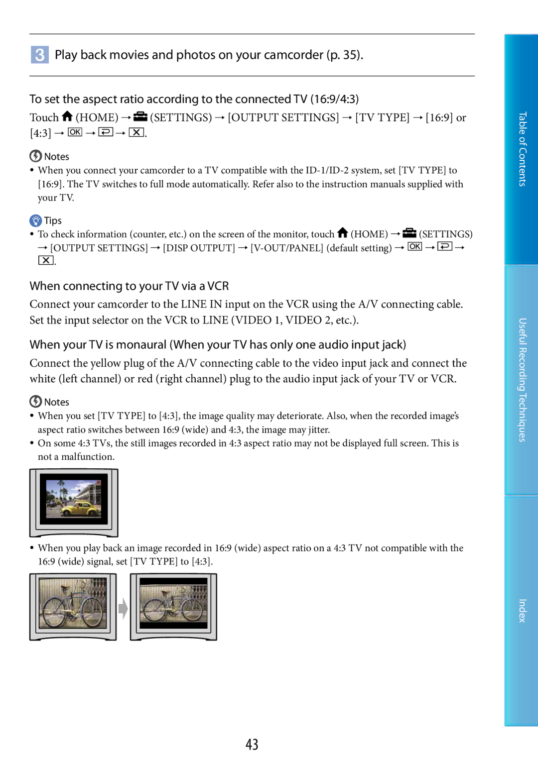 Sony DCR-SR48, DCR-SR67 manual  Play back movies and photos on your camcorder p, When connecting to your TV via a VCR 