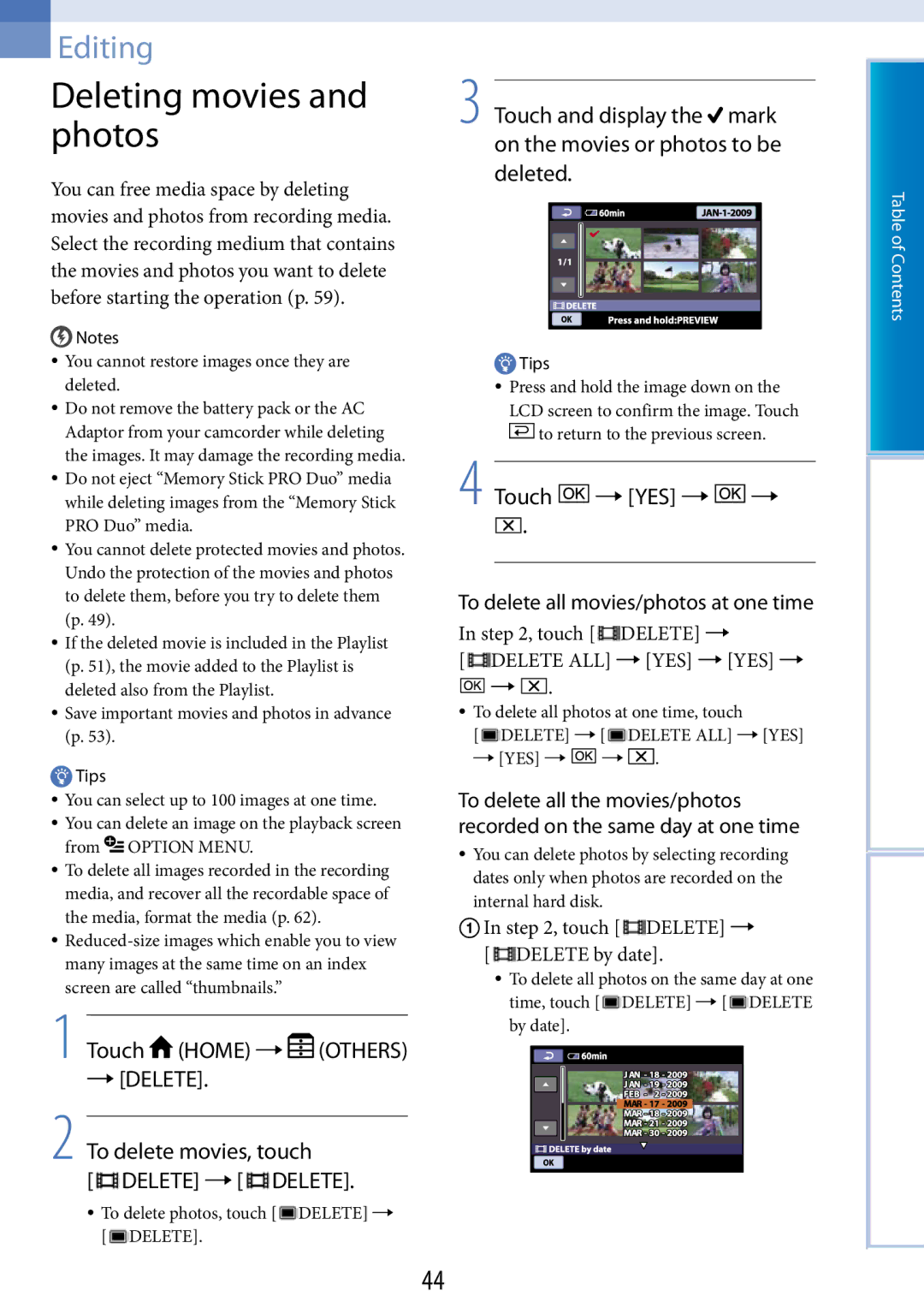 Sony DCR-SR67, DCR-SR48 manual Deleting movies and photos, Touch Home  Others, To delete movies, touch, Touch YES   