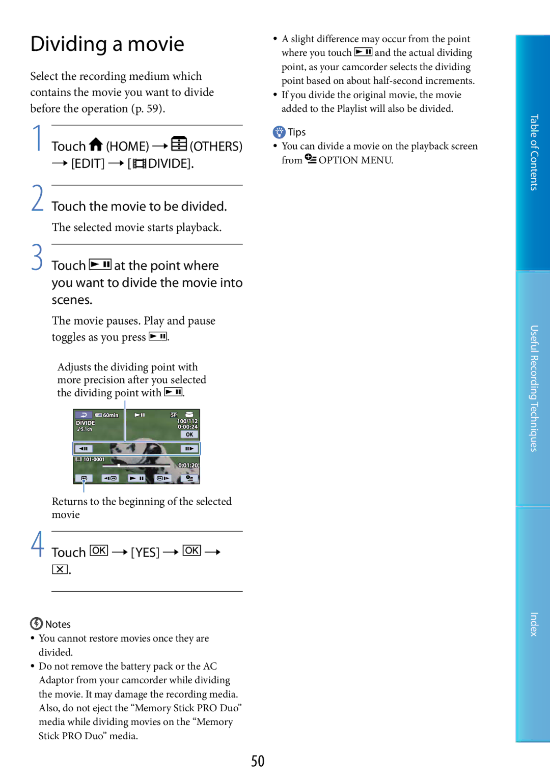 Sony DCR-SR67, DCR-SR48 manual Dividing a movie, Touch the movie to be divided 