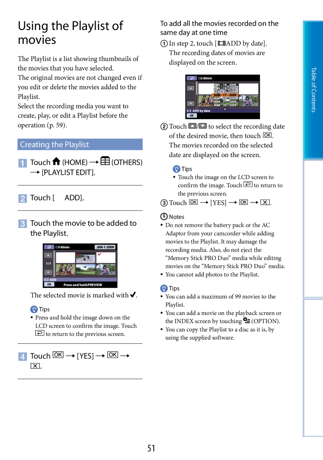 Sony DCR-SR48, DCR-SR67 manual Using the Playlist of movies, Creating the Playlist, Selected movie is marked with 