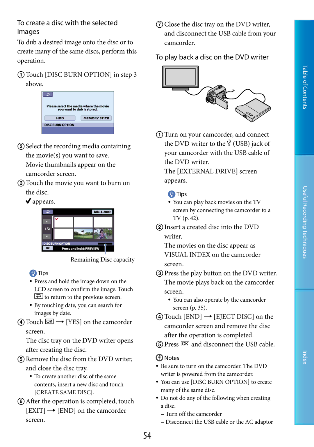 Sony DCR-SR67, DCR-SR48 manual To create a disc with the selected images, To play back a disc on the DVD writer, Screen 