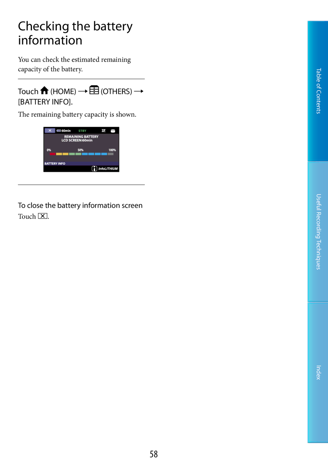 Sony DCR-SR67 Checking the battery information, Touch Home  Others  Battery Info, Remaining battery capacity is shown 