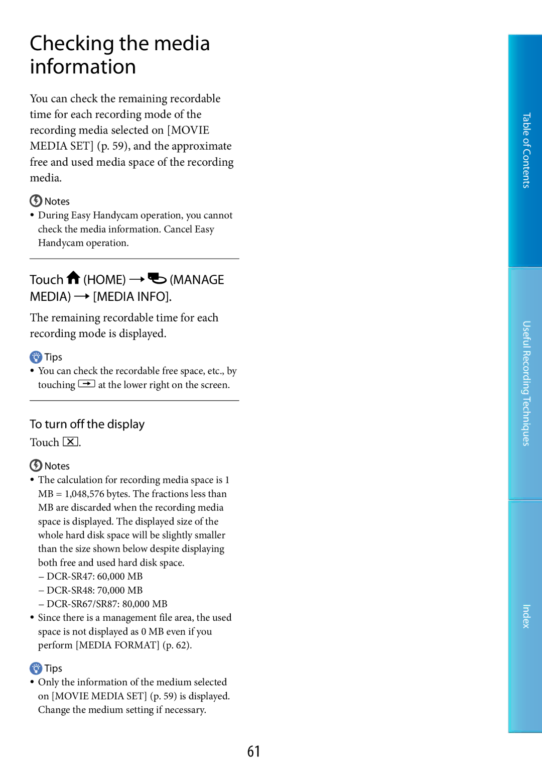 Sony DCR-SR48, DCR-SR67 Checking the media information, Touch Home  Manage Media MEDIA Info, To turn off the display 