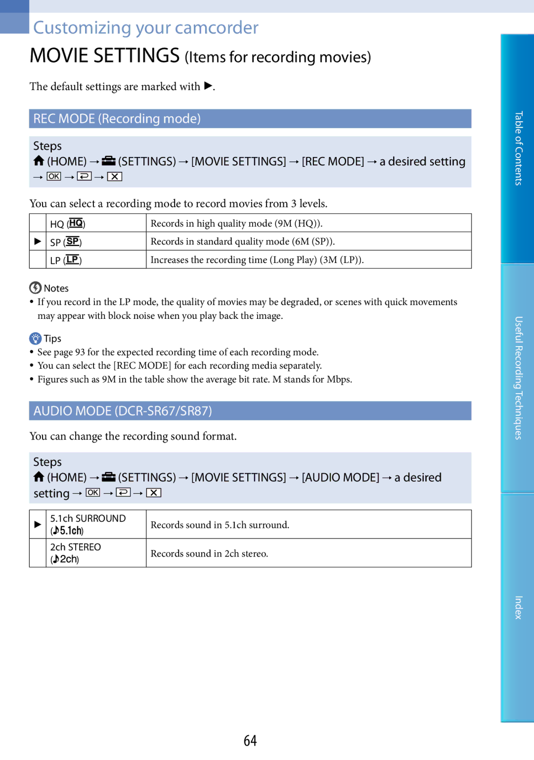 Sony DCR-SR48 manual Movie Settings Items for recording movies, REC Mode Recording mode, Audio Mode DCR-SR67/SR87 