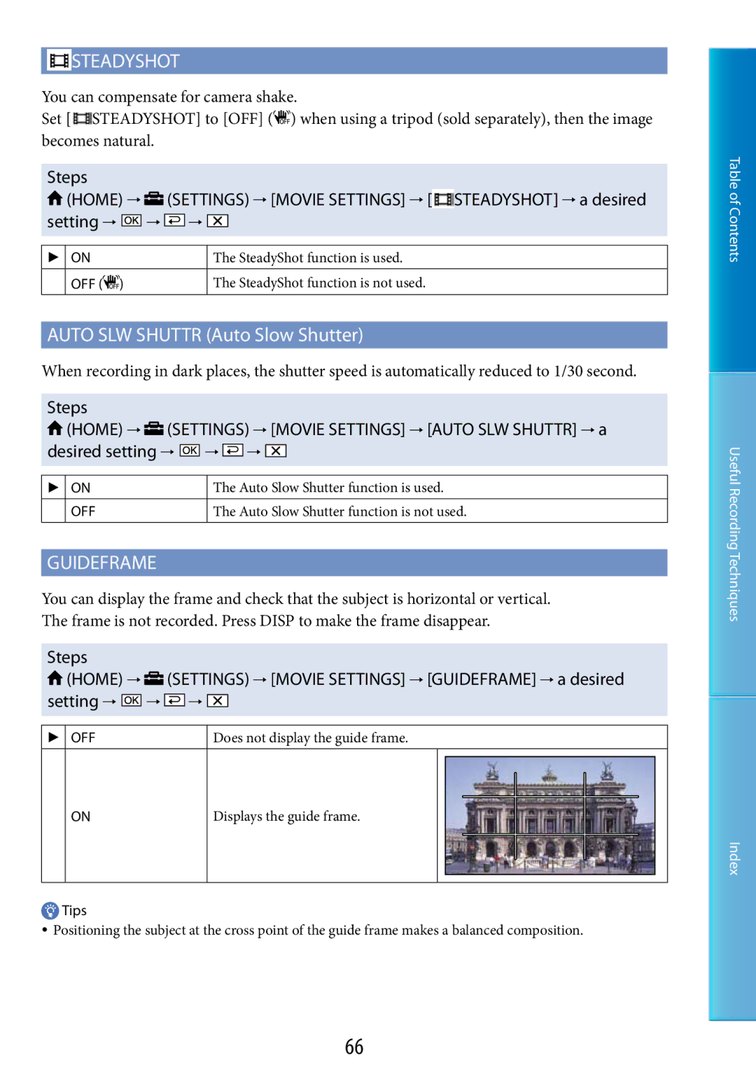 Sony DCR-SR67, DCR-SR48 manual Steadyshot, Auto SLW Shuttr Auto Slow Shutter, Guideframe 