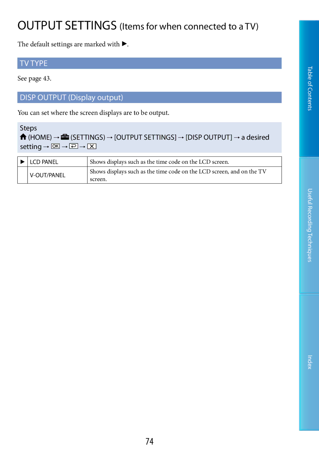 Sony DCR-SR67, DCR-SR48 manual Output Settings Items for when connected to a TV, TV Type, Disp Output Display output, See 