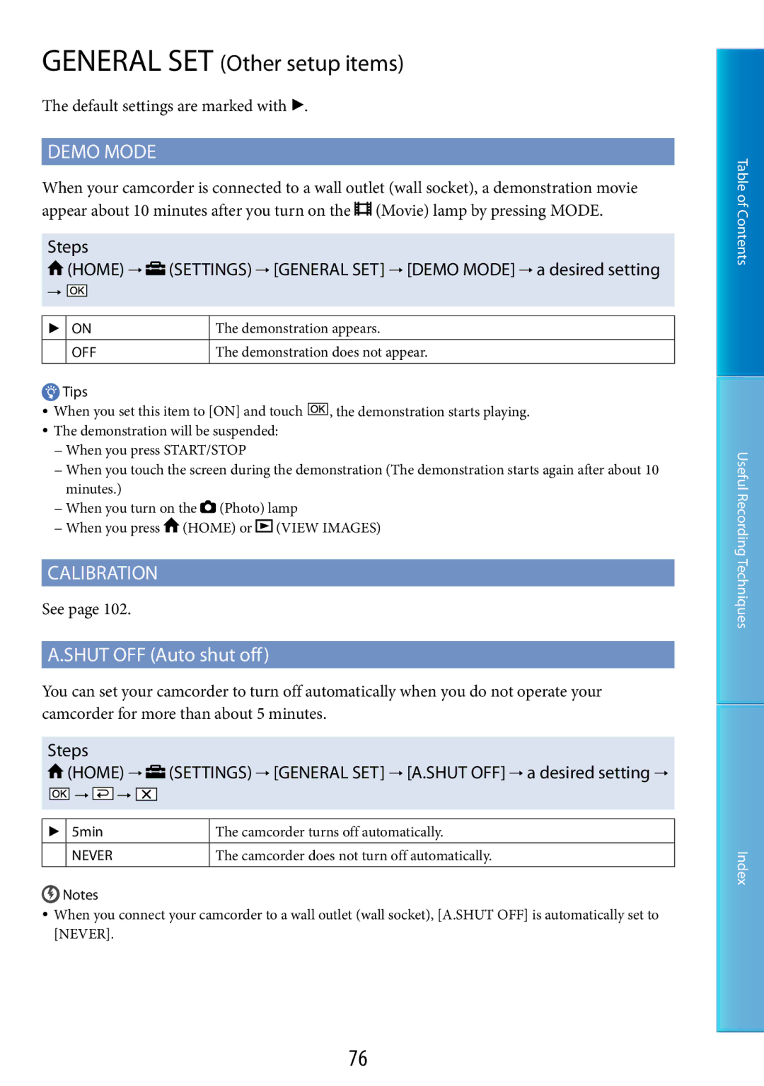 Sony DCR-SR67, DCR-SR48 manual General SET Other setup items, Demo Mode, Calibration, Shut OFF Auto shut off 