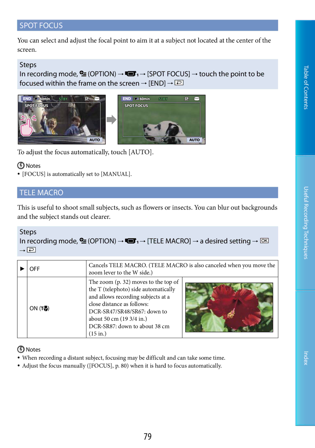 Sony DCR-SR48, DCR-SR67 manual Spot Focus, Tele Macro, To adjust the focus automatically, touch Auto 