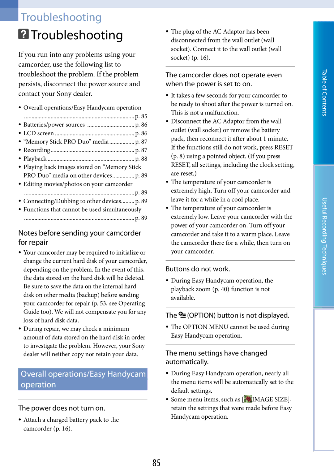Sony DCR-SR48, DCR-SR67 manual Troubleshooting, Overall operations/Easy Handycam operation 