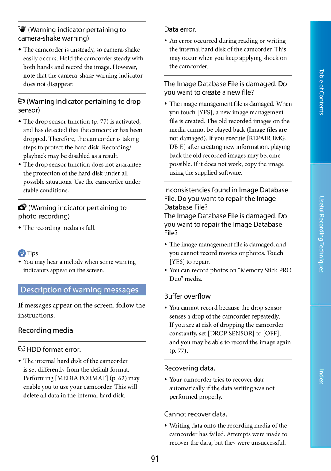 Sony DCR-SR48, DCR-SR67 manual Description of warning messages 